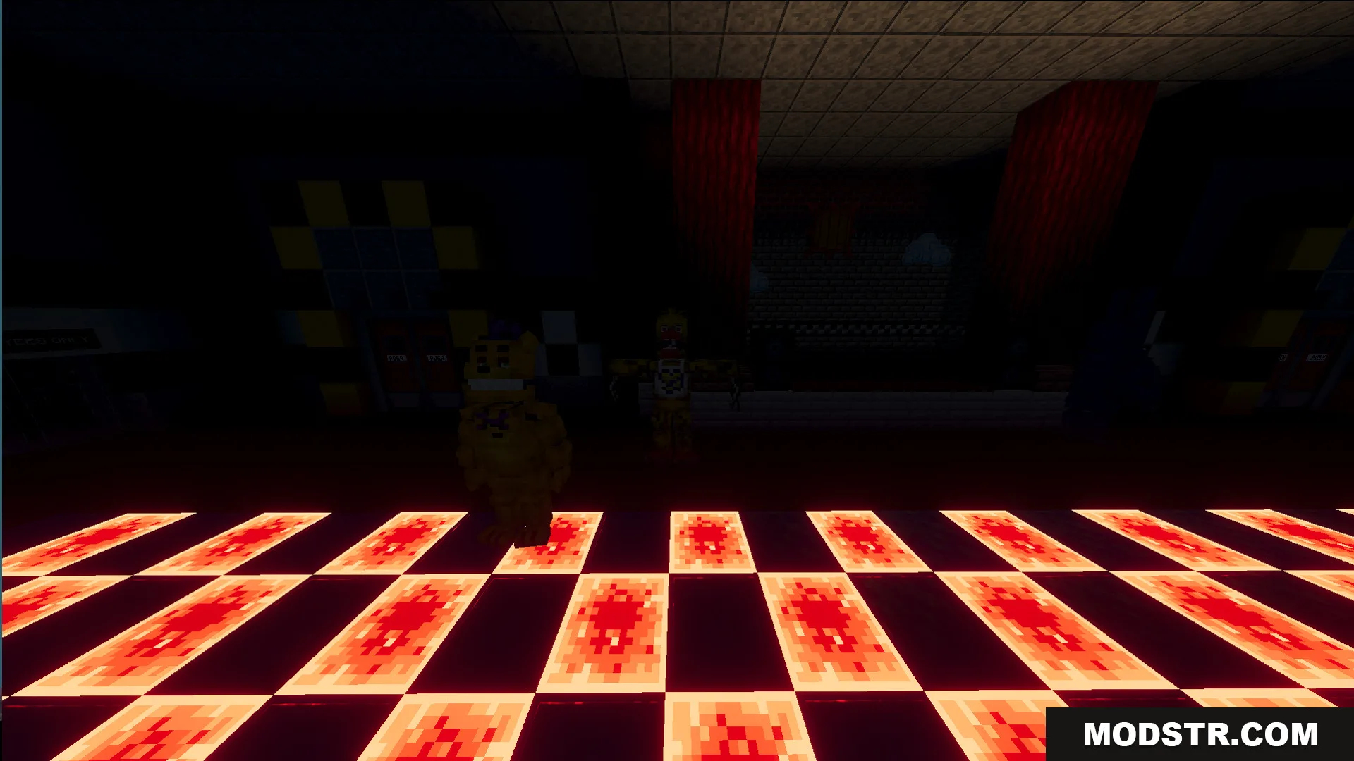 Fazbears Pizzeria Horror Ofv2 Map Screenshot 1 Golden animatronic standing in Fazbears Pizzeria Horror OFv2 Map with glowing floor