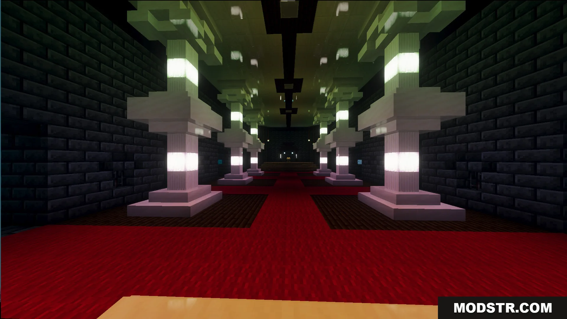 Fazbears Pizzeria Horror Ofv2 Map Screenshot 14 Long hallway with red carpet and glowing white pillars in a dark room