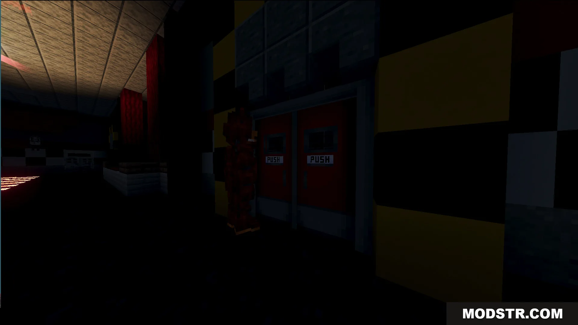 Fazbears Pizzeria Horror Ofv2 Map Screenshot 5 Freddy Fazbear stands by red double doors in the dark Fazbears Pizzeria map