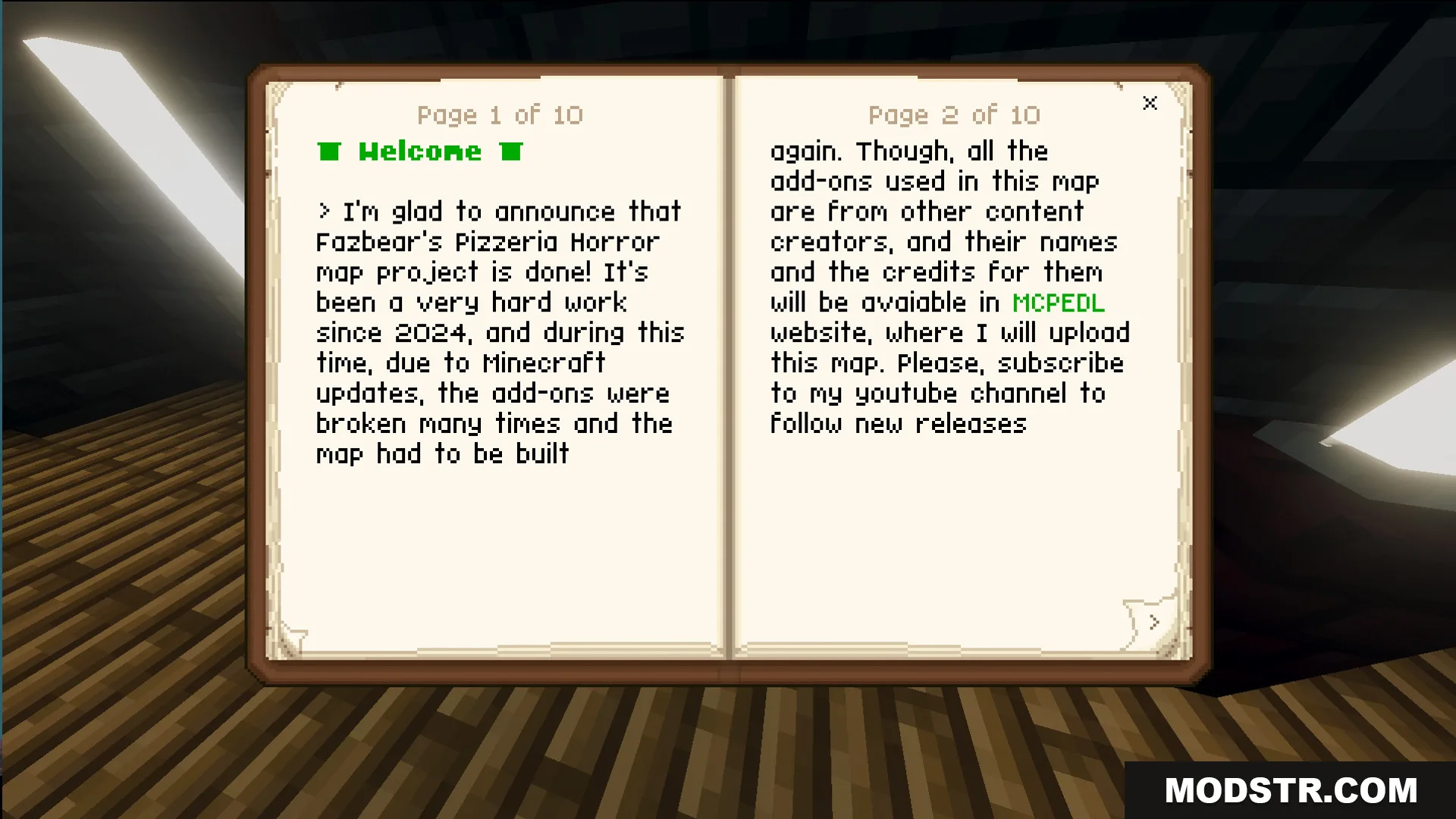 Fazbears Pizzeria Horror Ofv2 Map Screenshot 12 An open book displaying a welcome message for the Fazbears Pizzeria Horror map