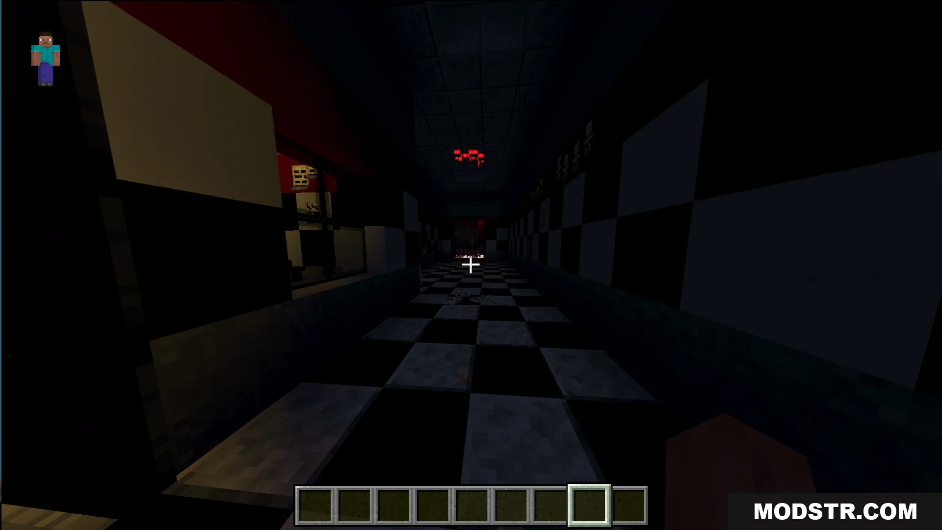 Fazbears Pizzeria Horror Ofv2 Map Screenshot 8 Dark hallway with checkered walls and floor in a scary pizzeria survival map