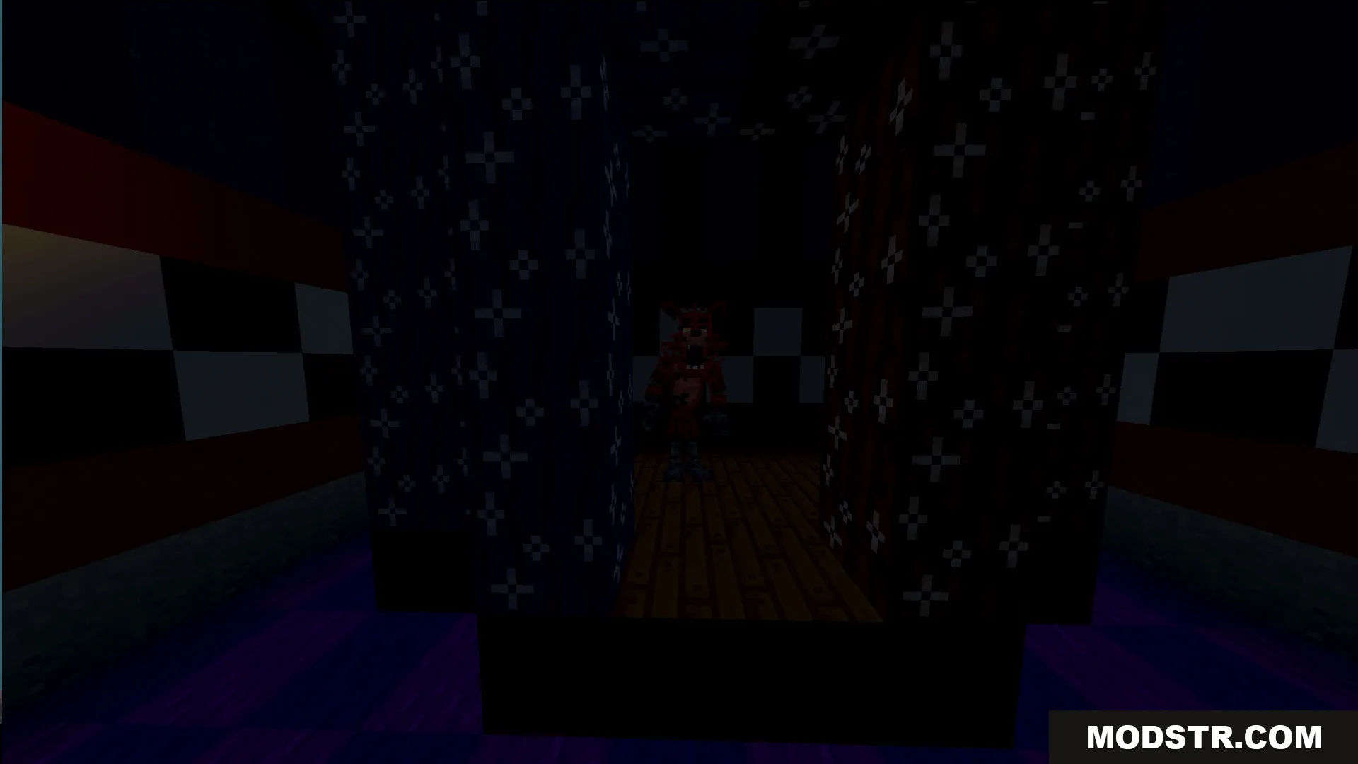 Fazbears Pizzeria Horror Ofv2 Map Screenshot 4 Red animatronic character peeks through curtains in a dark and scary hallway