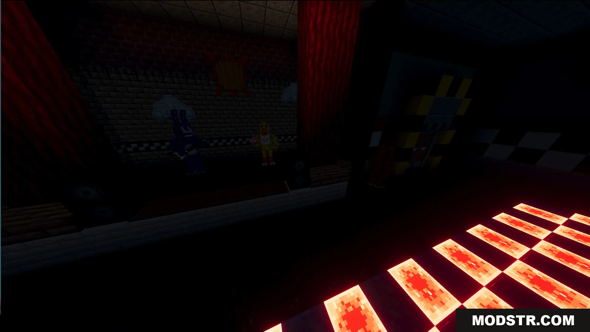 Fazbears Pizzeria Horror Ofv2 Map Screenshot 6 Bonnie and Chica animatronics stand on a stage with glowing checkered floor tiles