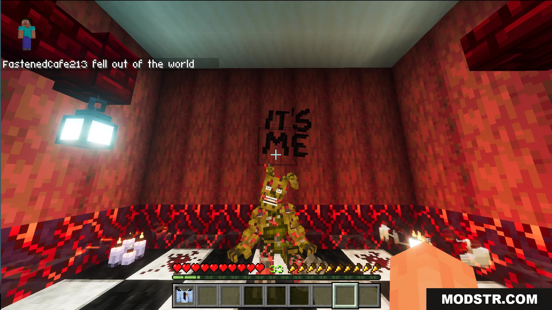 Fazbears Pizzeria Horror Ofv2 Map Screenshot 2 Player looking at a damaged animatronic in a room with red walls
