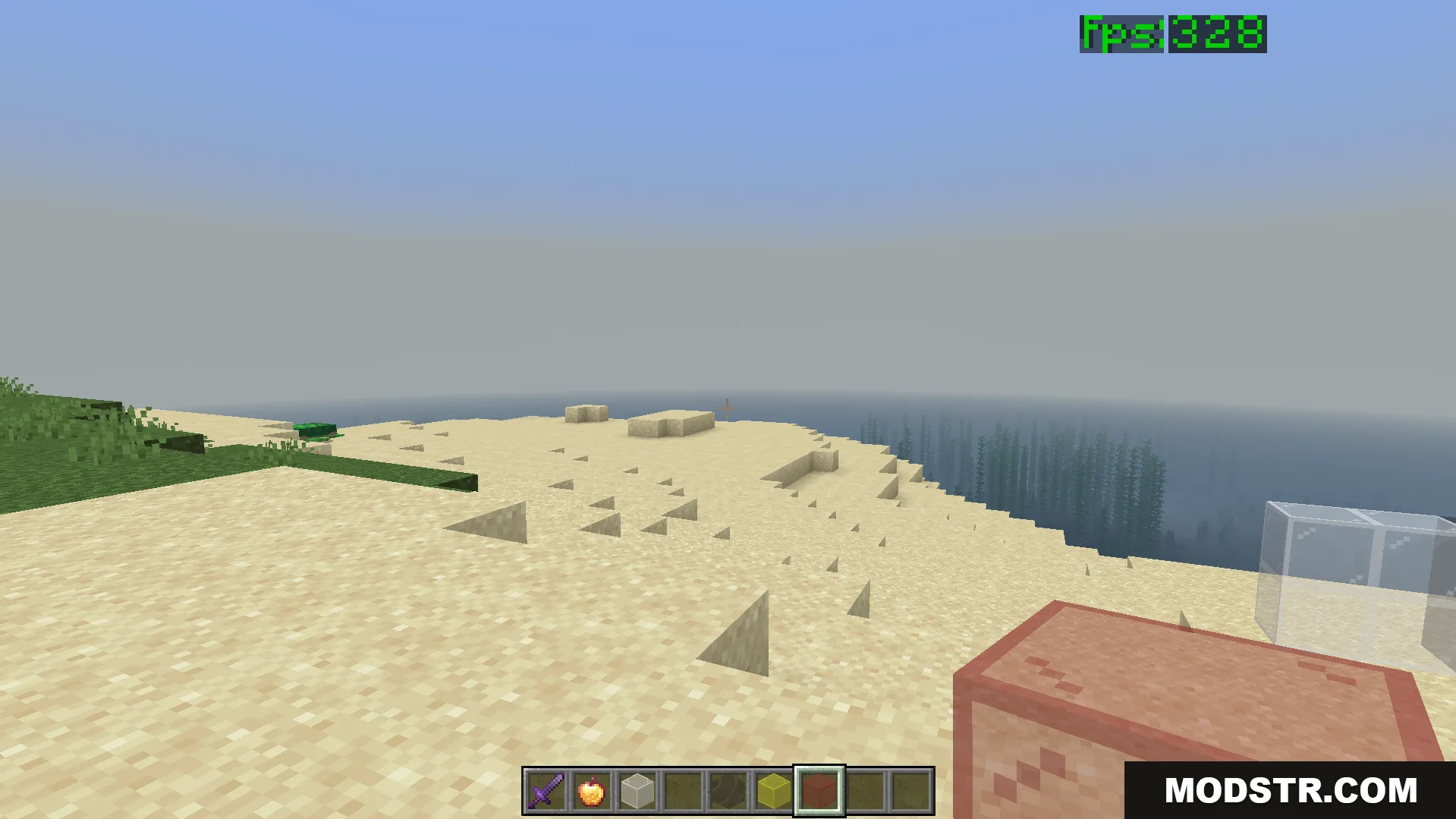 Feather FPS Boost Addon Screenshot 3 high fps counter shown on screen while looking at a sandy beach landscape