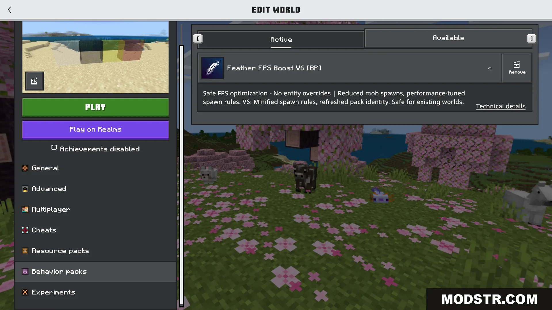 Feather FPS Boost Addon Screenshot 1 Minecraft Bedrock menu showing Feather FPS Boost behavior pack active