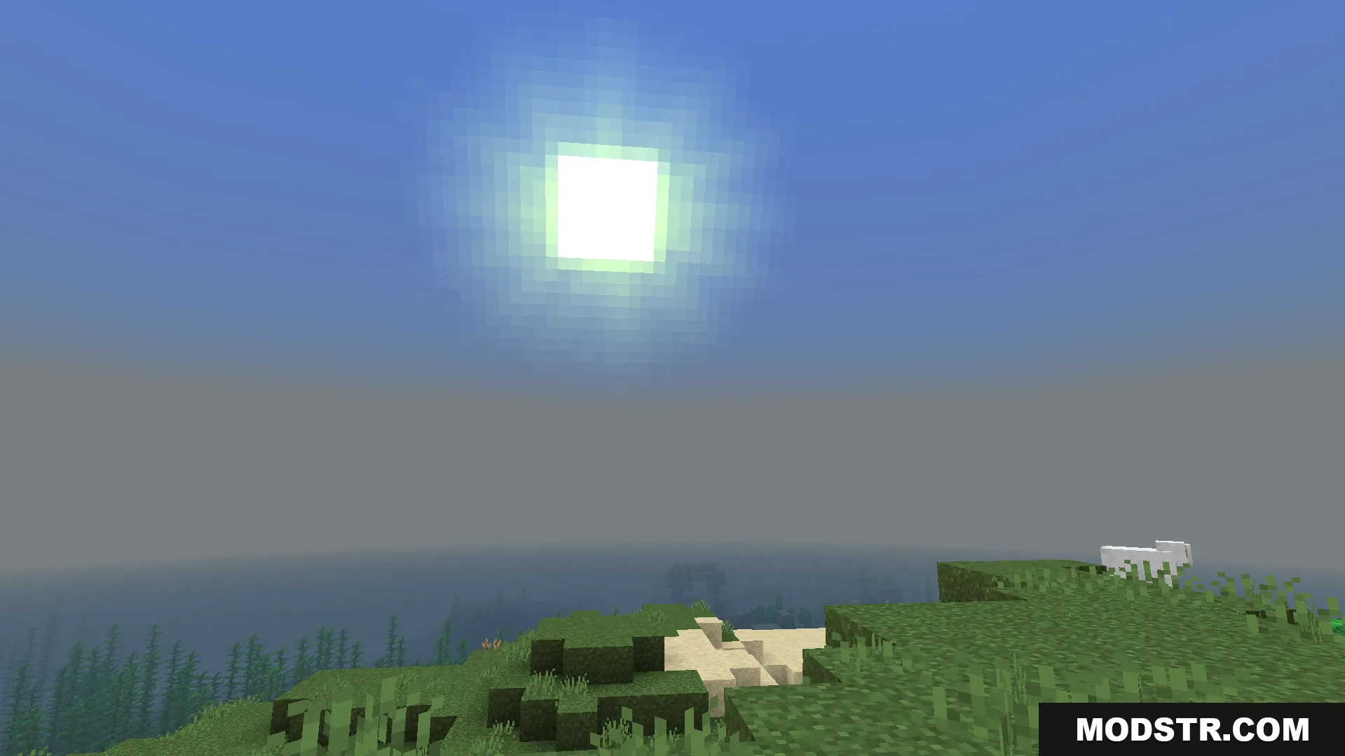 Feather FPS Boost Addon Screenshot 4 bright sun shining over a grassy hill and ocean in minecraft gameplay