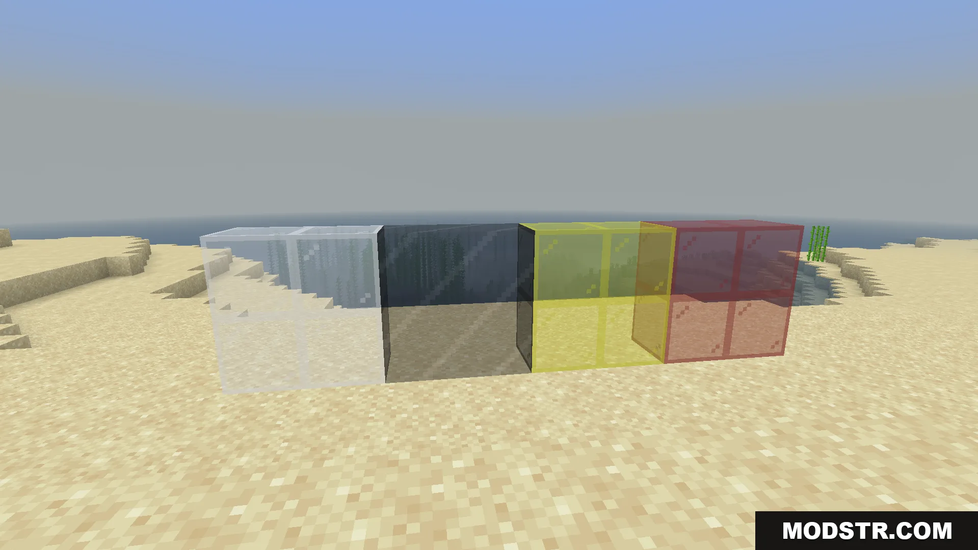 Feather FPS Boost Addon Screenshot 2 Colored glass blocks placed on sand in Minecraft Bedrock