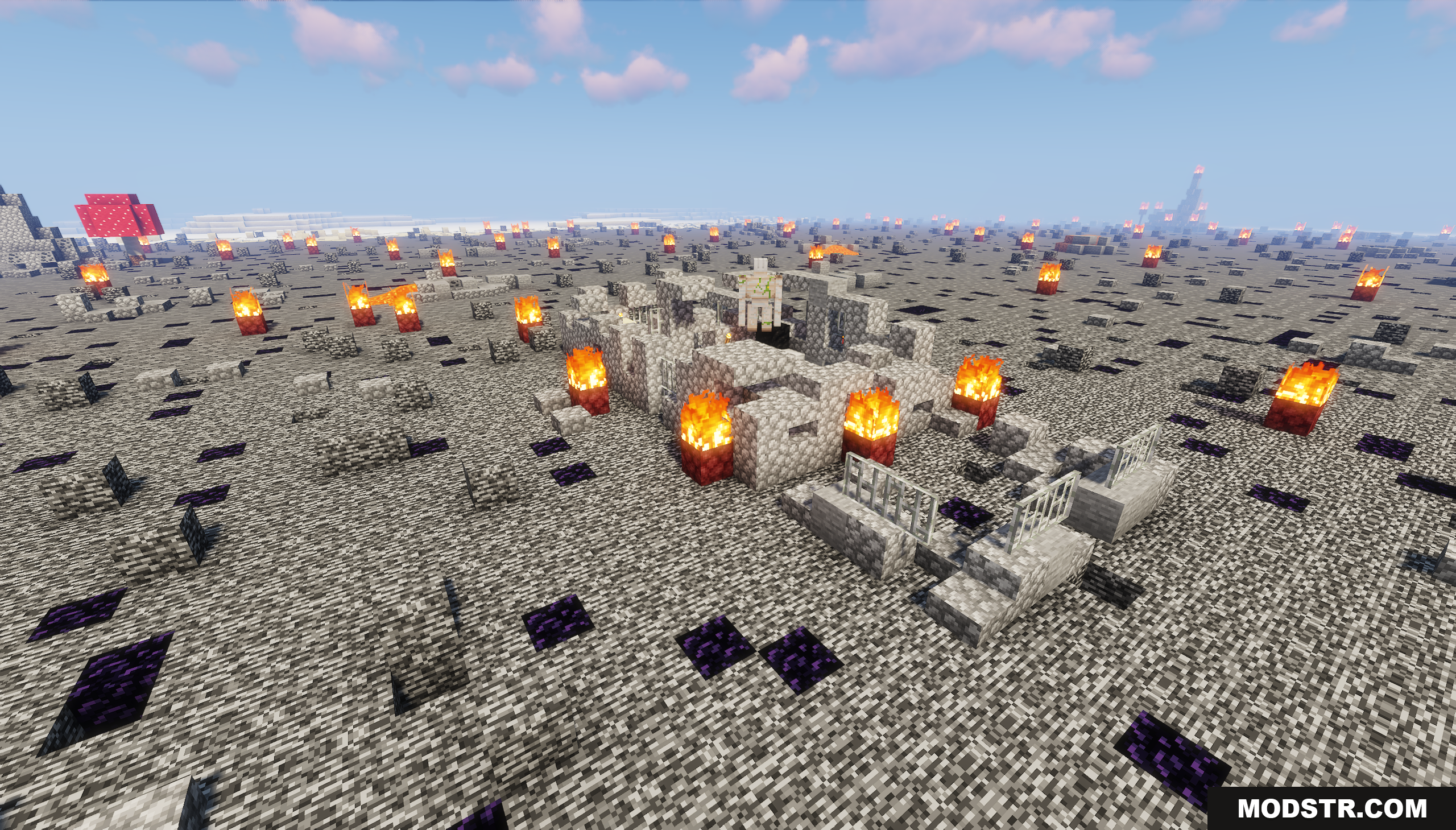 Final Battleground Map Screenshot 9 Iron golem guarding cobblestone ruins in a burning bedrock wasteland