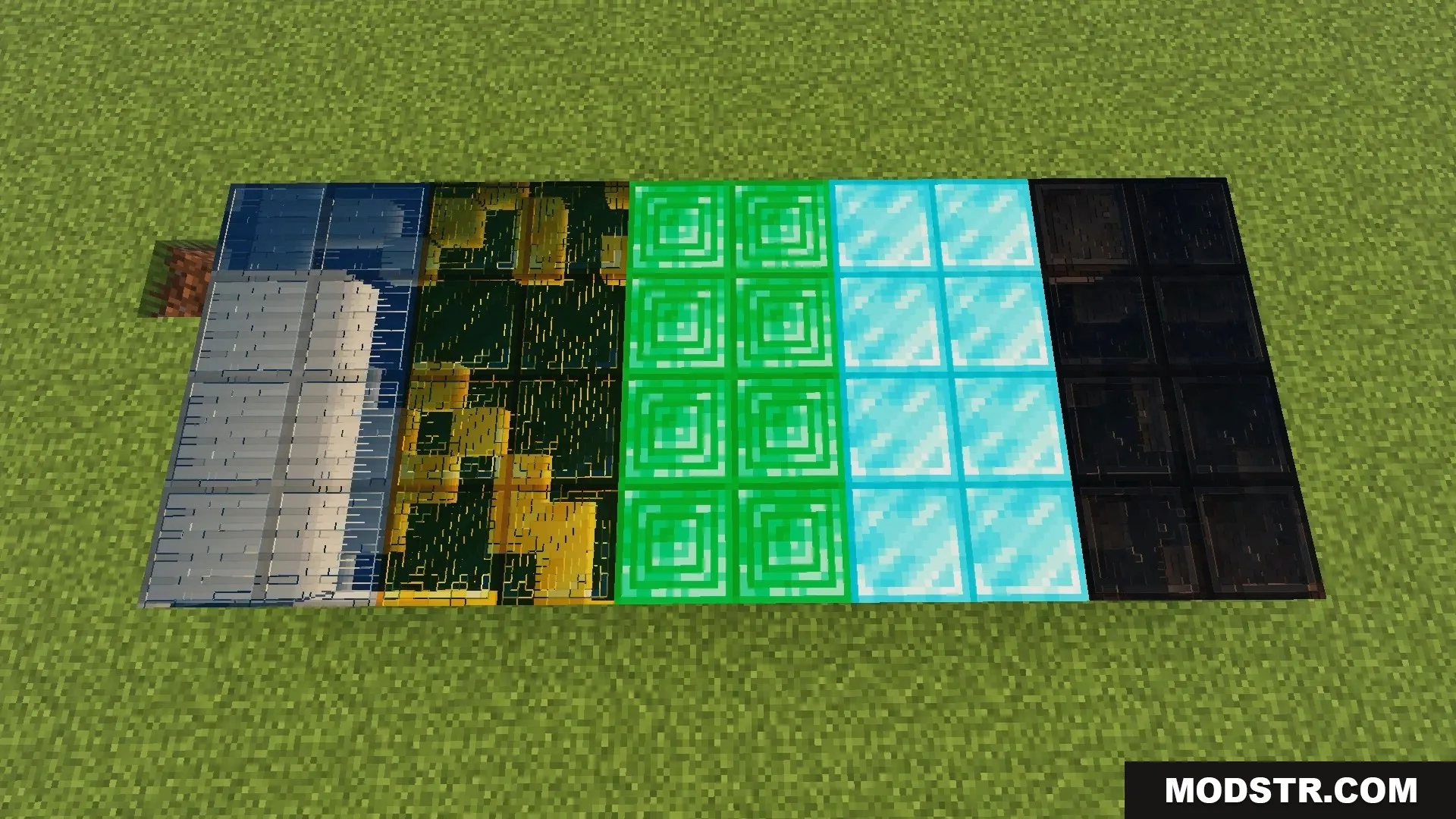 FirmamentCraft 5.0 Shader Screenshot 7 Reflective glass gold emerald and diamond blocks placed on grass