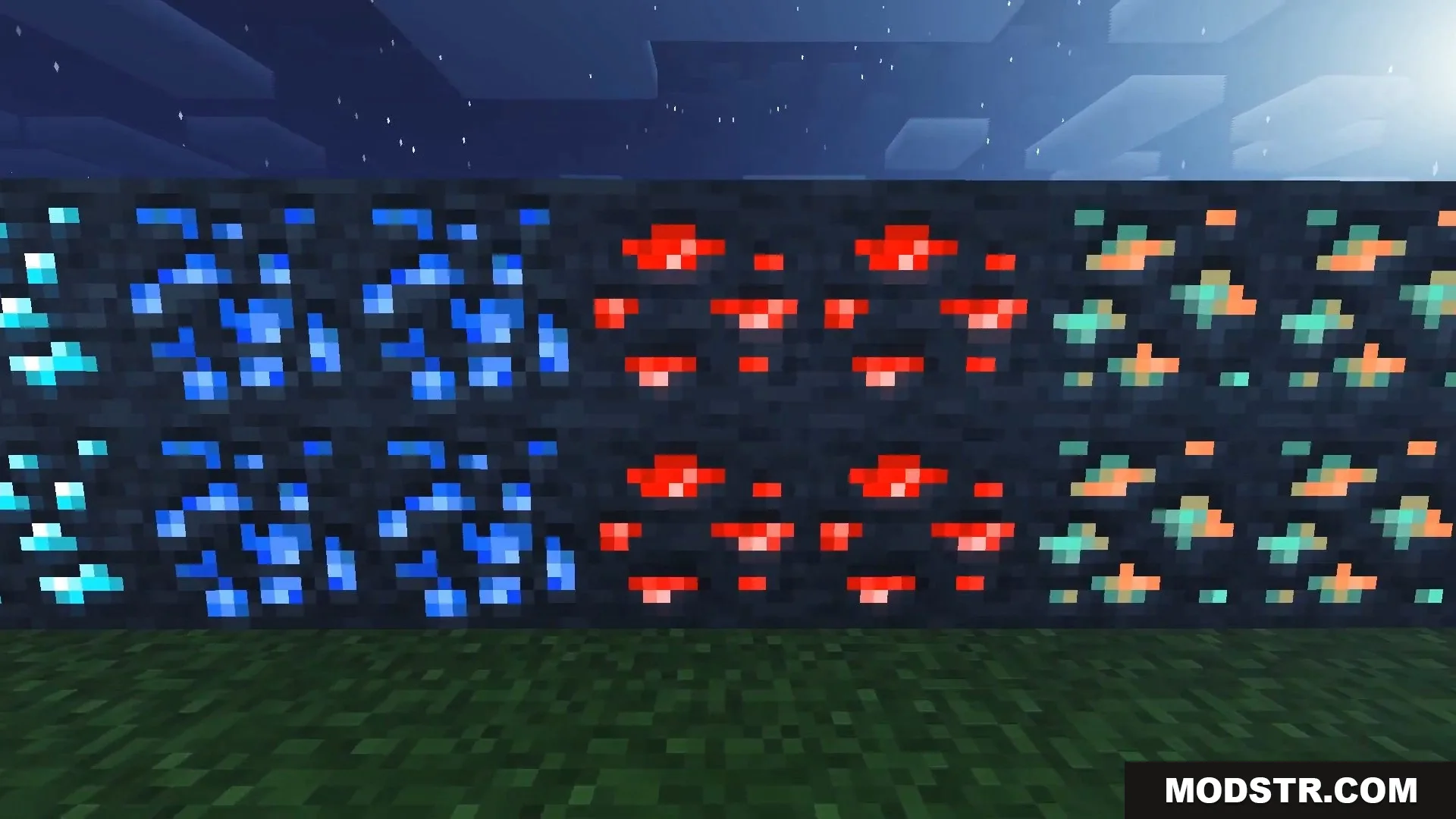 FirmamentCraft 5.0 Shader Screenshot 16 Various glowing ores like diamond and redstone placed on a dark wall