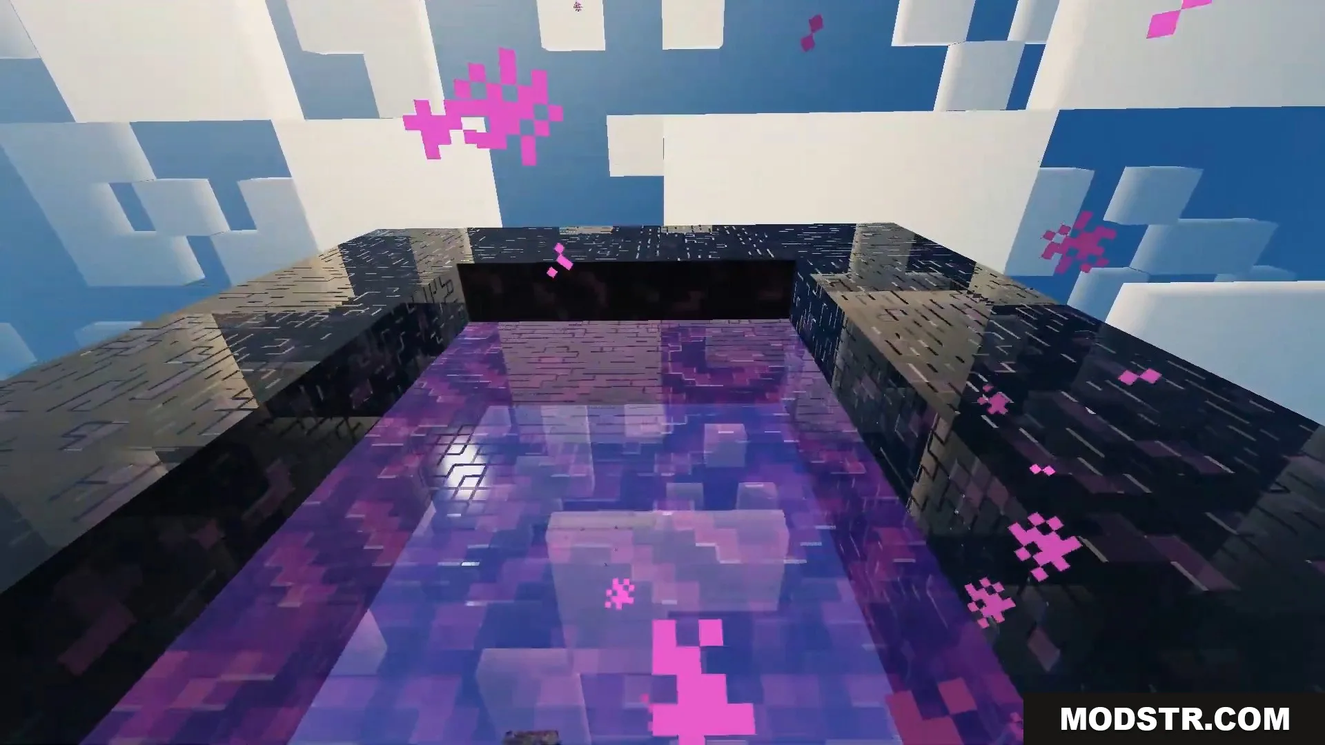 FirmamentCraft 5.0 Shader Screenshot 9 Glossy obsidian blocks forming a nether portal with reflective purple energy