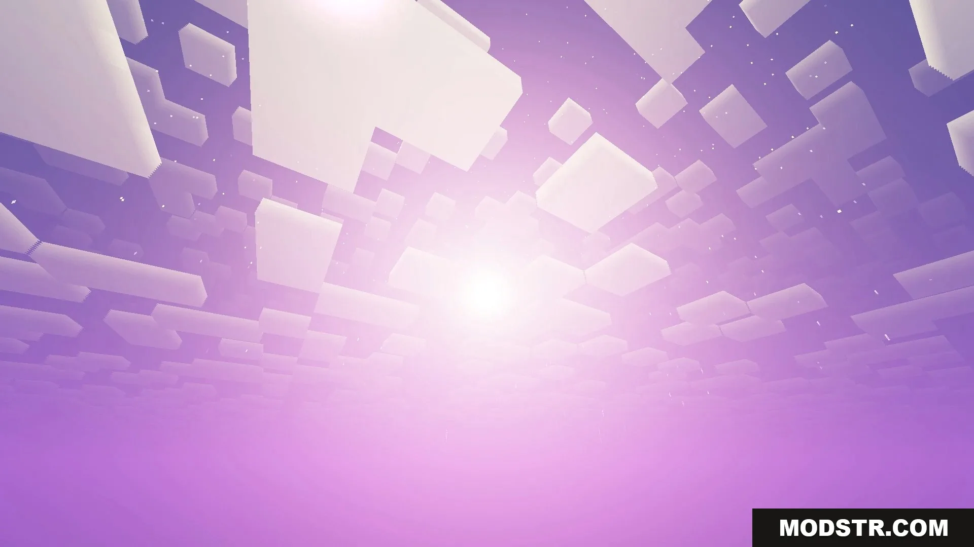 FirmamentCraft 5.0 Shader Screenshot 19 A bright sun shining through blocky white clouds in a purple Minecraft sky