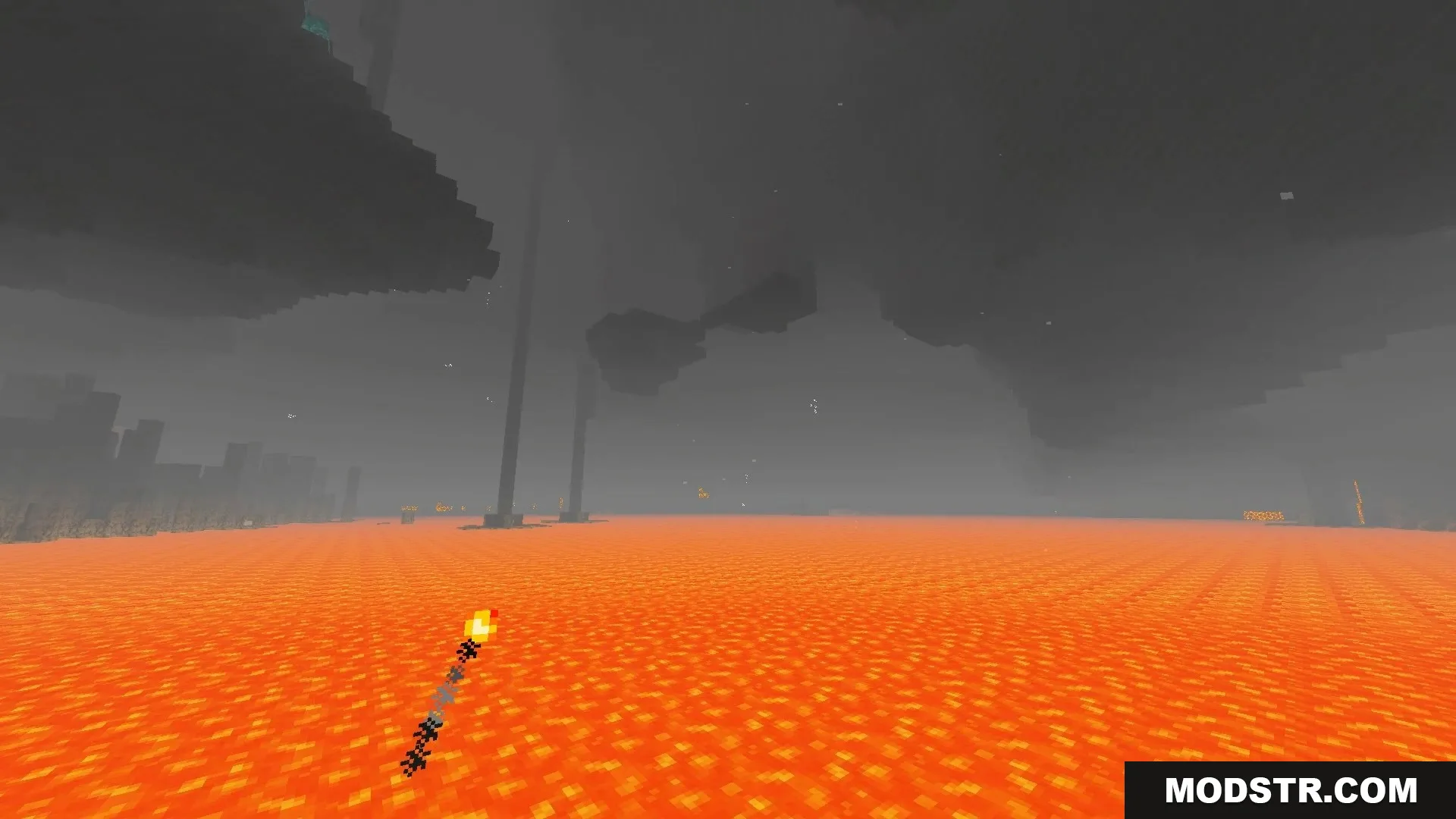 FirmamentCraft 5.0 Shader Screenshot 17 Vast lava lake in the Nether dimension with foggy atmosphere and a torch