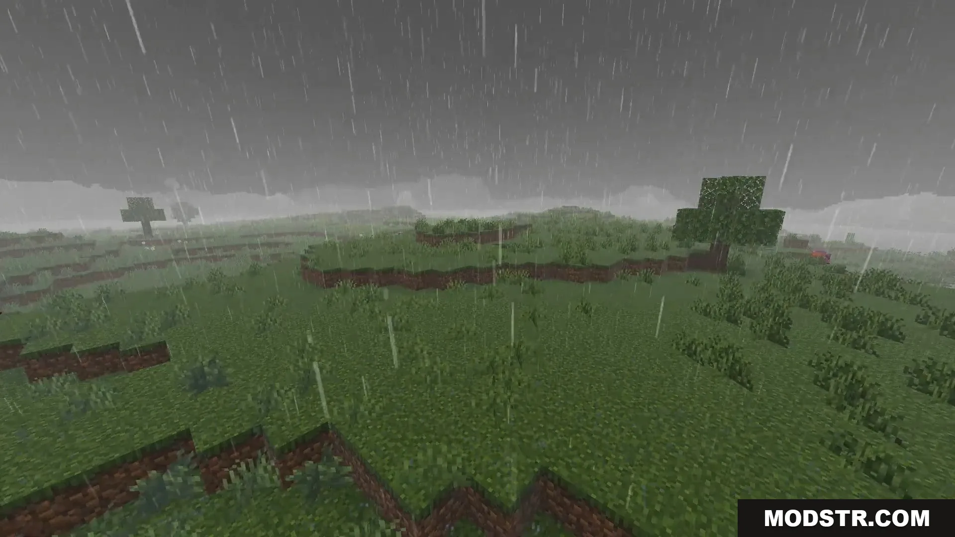 FirmamentCraft 5.0 Shader Screenshot 11 Rainy weather in a grassy Minecraft landscape with gray skies and a tree