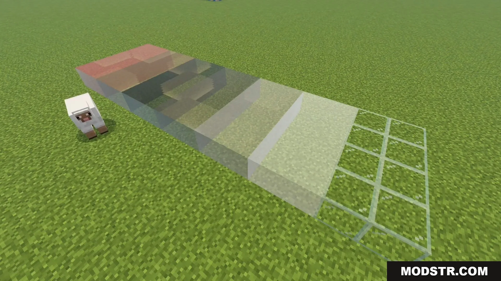 FirmamentCraft 5.0 Shader Screenshot 10 Various glass blocks displaying different transparency levels on grass next to a sheep
