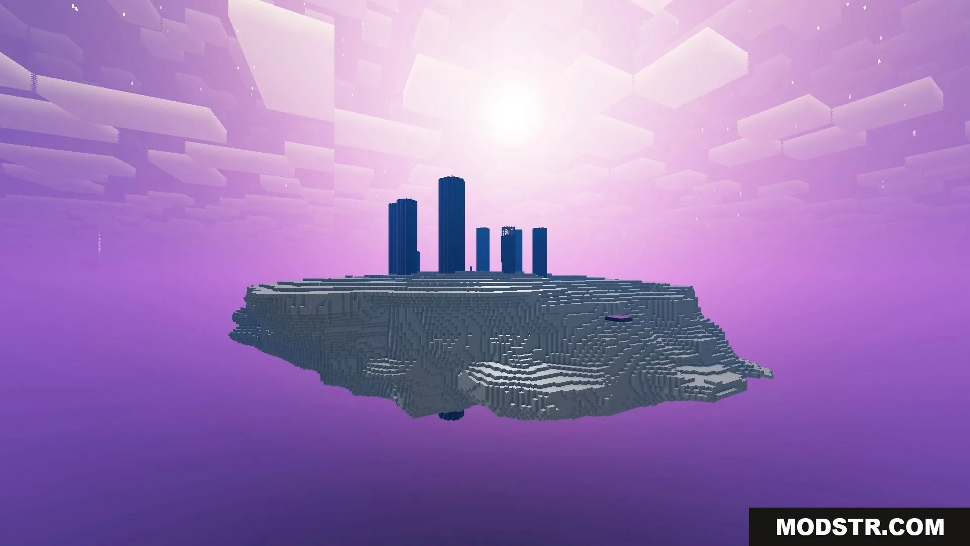 FirmamentCraft 5.0 Shader Screenshot 18 Floating End island with tall obsidian pillars and bright sun in purple sky