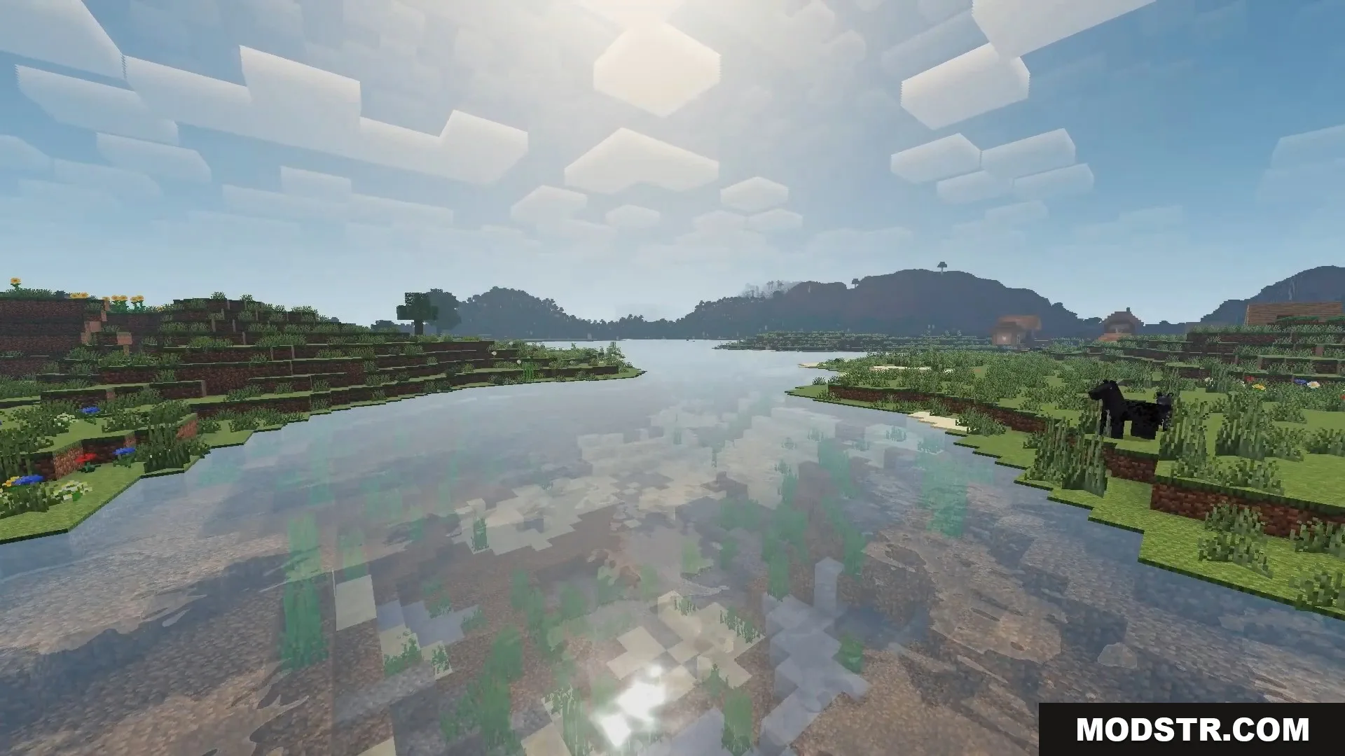 FirmamentCraft 5.0 Shader Screenshot 1 Scenic Minecraft landscape featuring a river with realistic water reflections and clouds