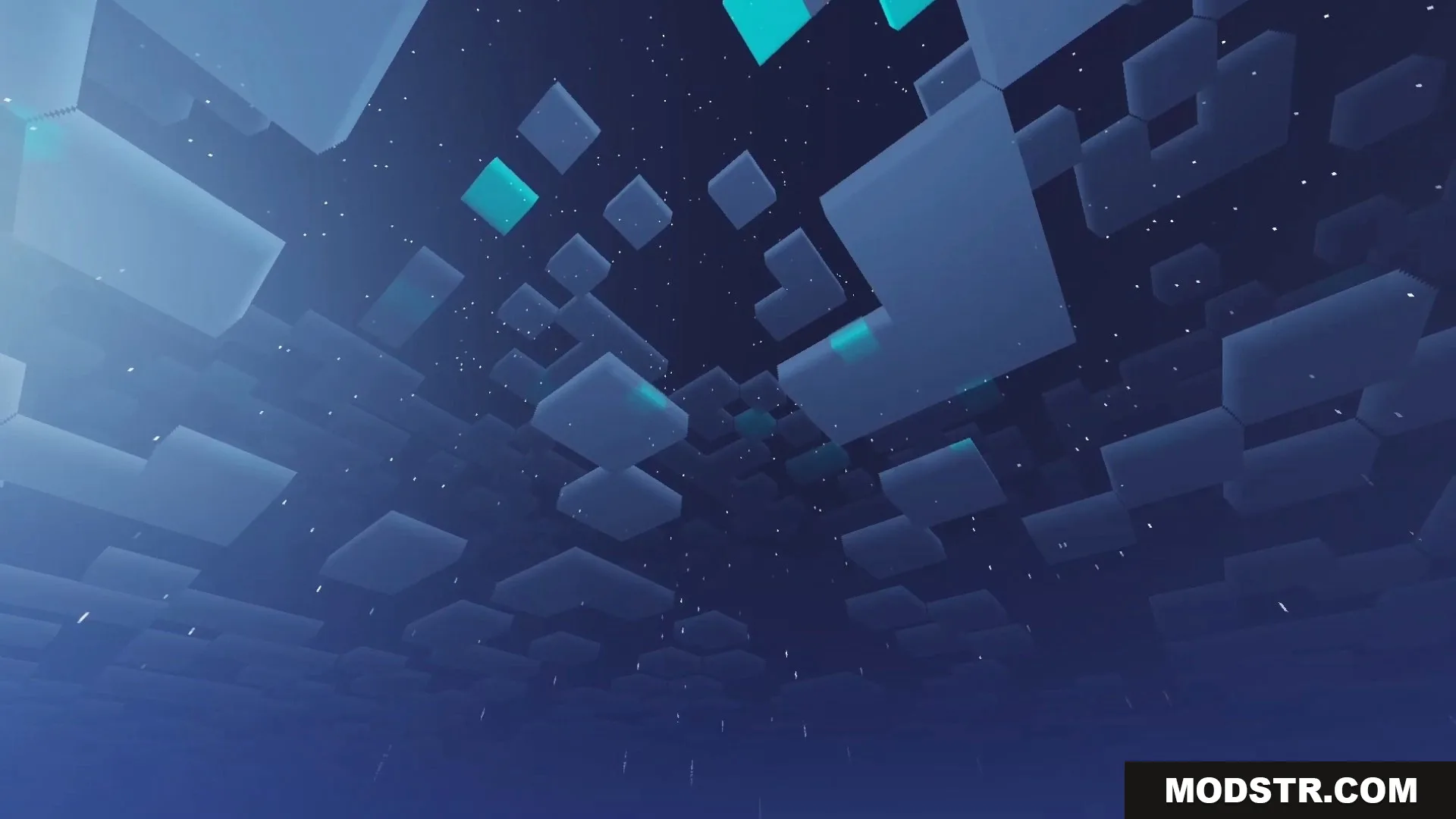 FirmamentCraft 5.0 Shader Screenshot 14 Looking up at a starry Minecraft night sky with glowing blue blocky clouds