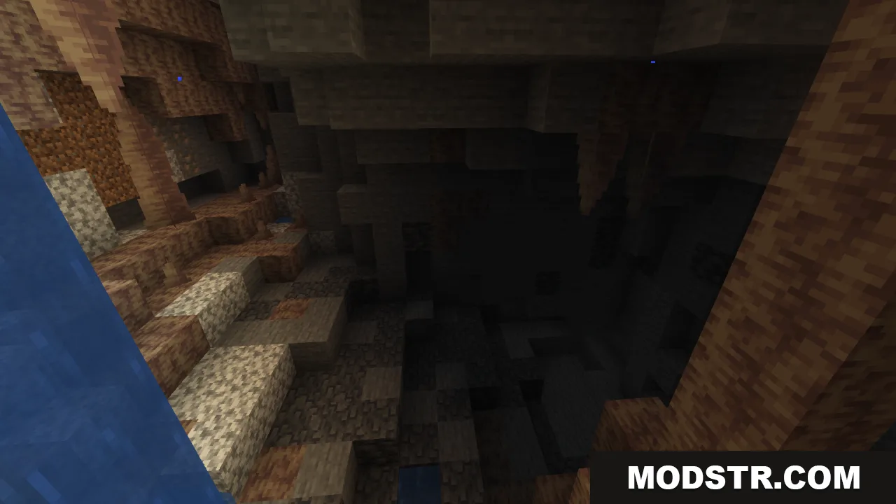 A dark Minecraft cave with a waterfall and sharp stalactites