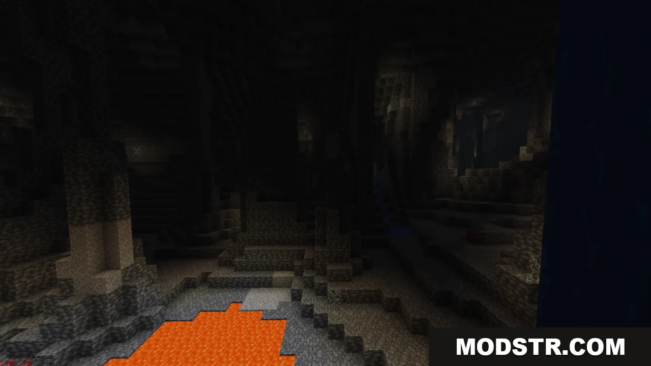 Dark Minecraft cave showing a small lava pool and rocky terrain