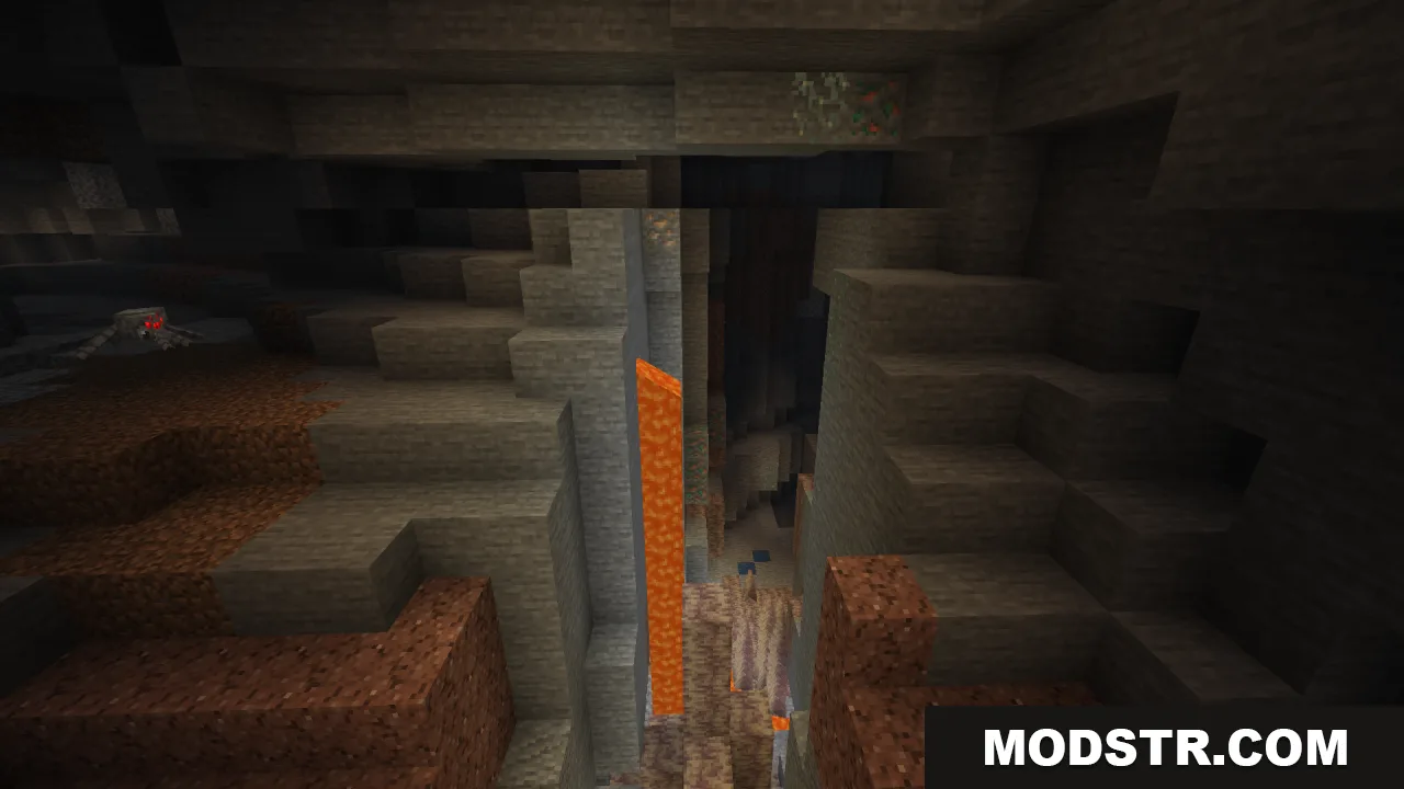 Brightly lit Minecraft ravine showing a lava fall and various ores