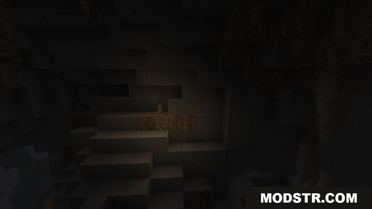 Dark cave walls with stone and dirt blocks in low light conditions