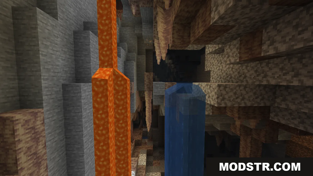 Brightly lit cave interior with lava and water flows near dripstone formations