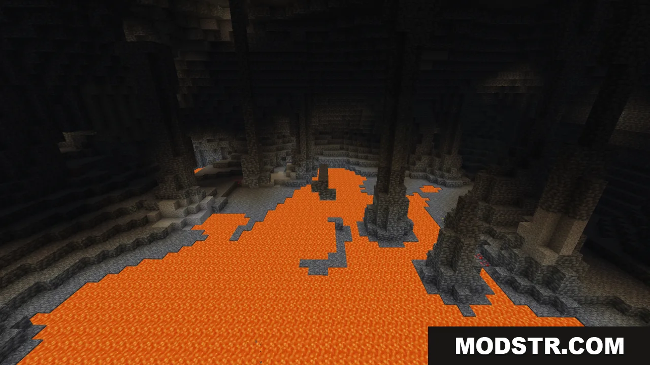 Bright underground Minecraft cave with a large lava pool and stone pillars