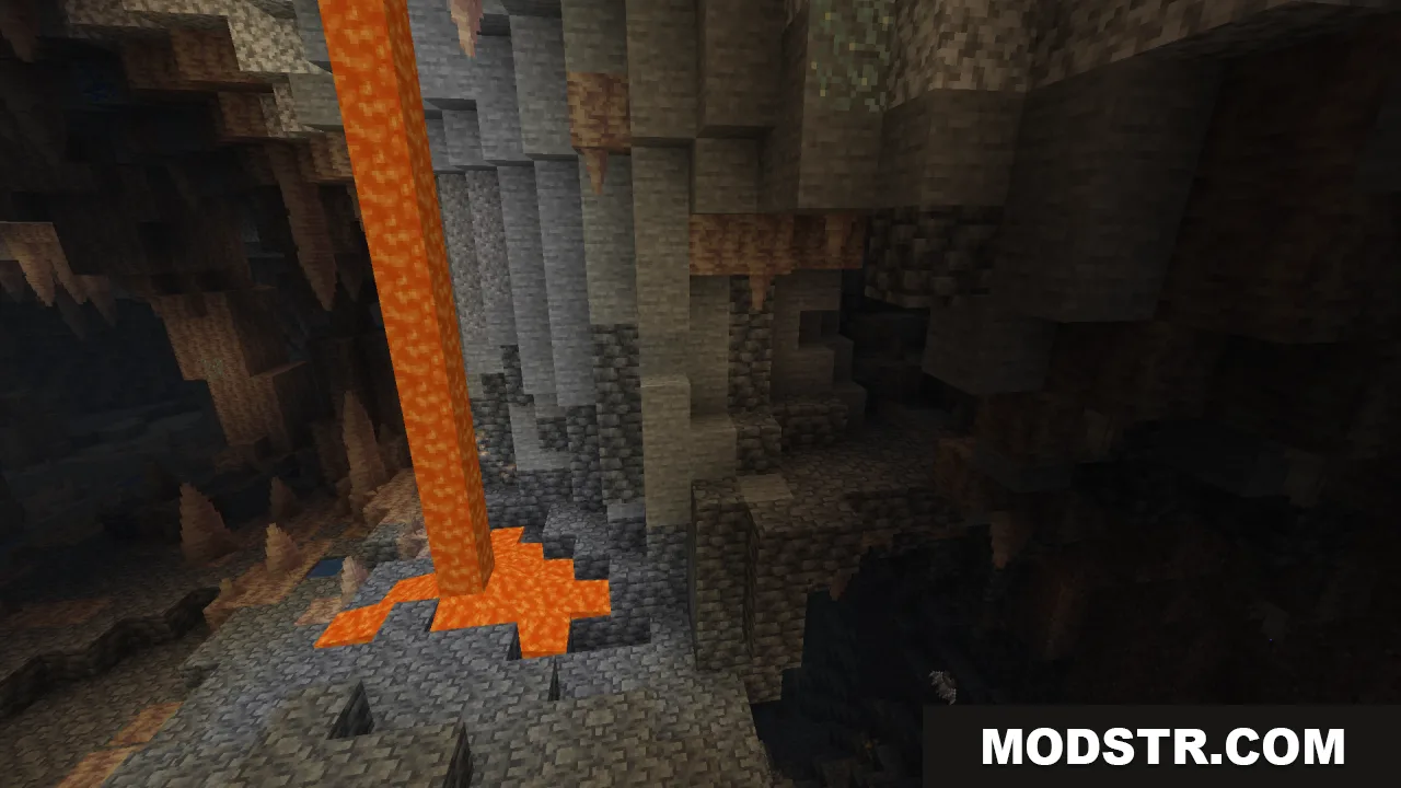 A bright underground cave featuring a lava fall and pointed dripstone blocks