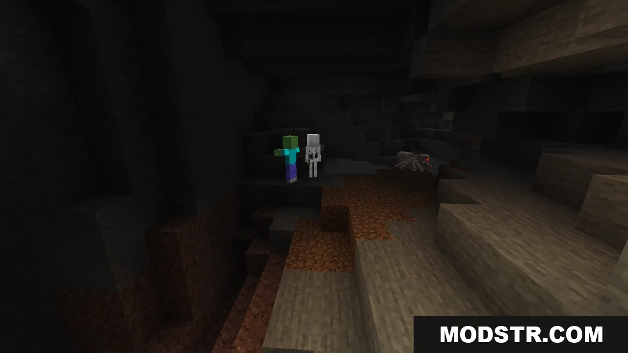 A zombie and a skeleton stand in a dark cave near a spider