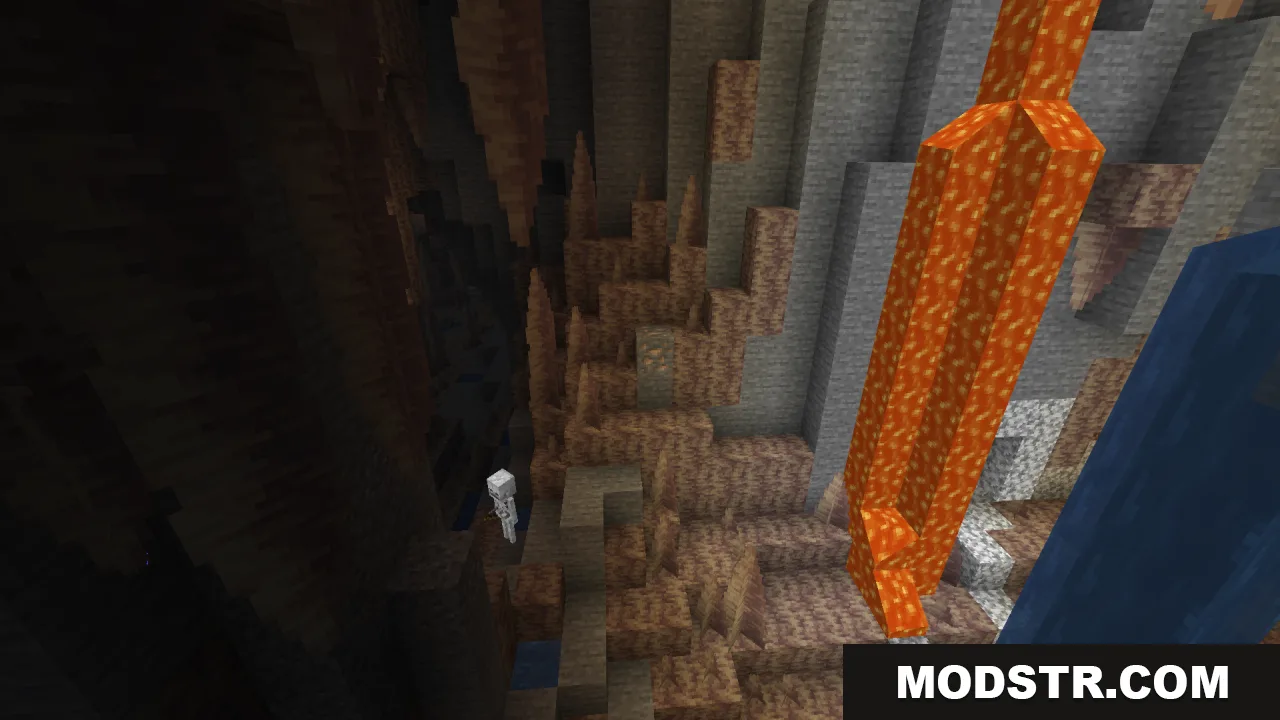 A skeleton standing in a bright cave with lava and dripstone blocks