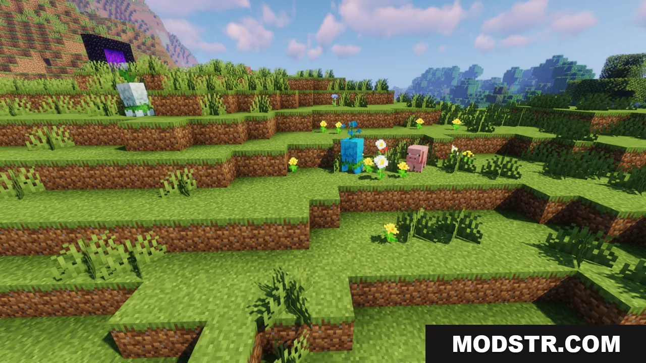 Blue and white flower creatures standing in a grassy field with a pig