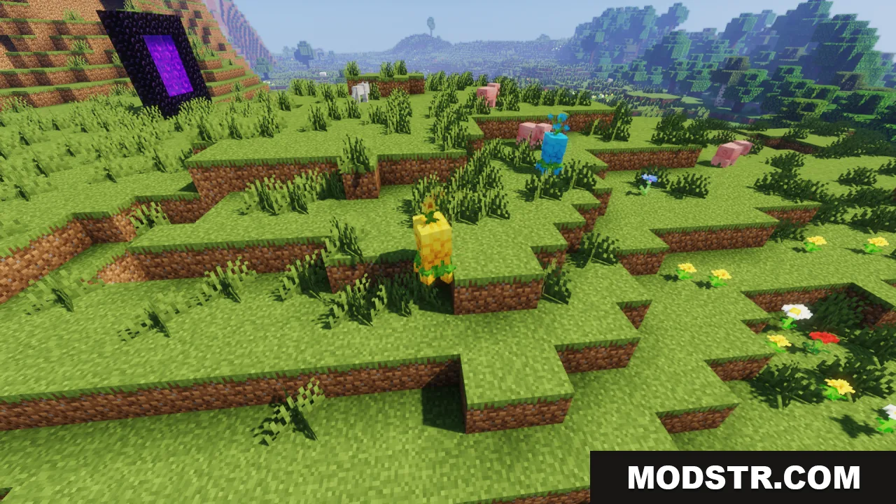 A yellow floral creeper exploring a grassy landscape near a nether portal