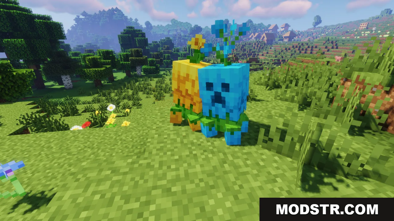 Two short floral creepers with blooming heads standing in a grassy field