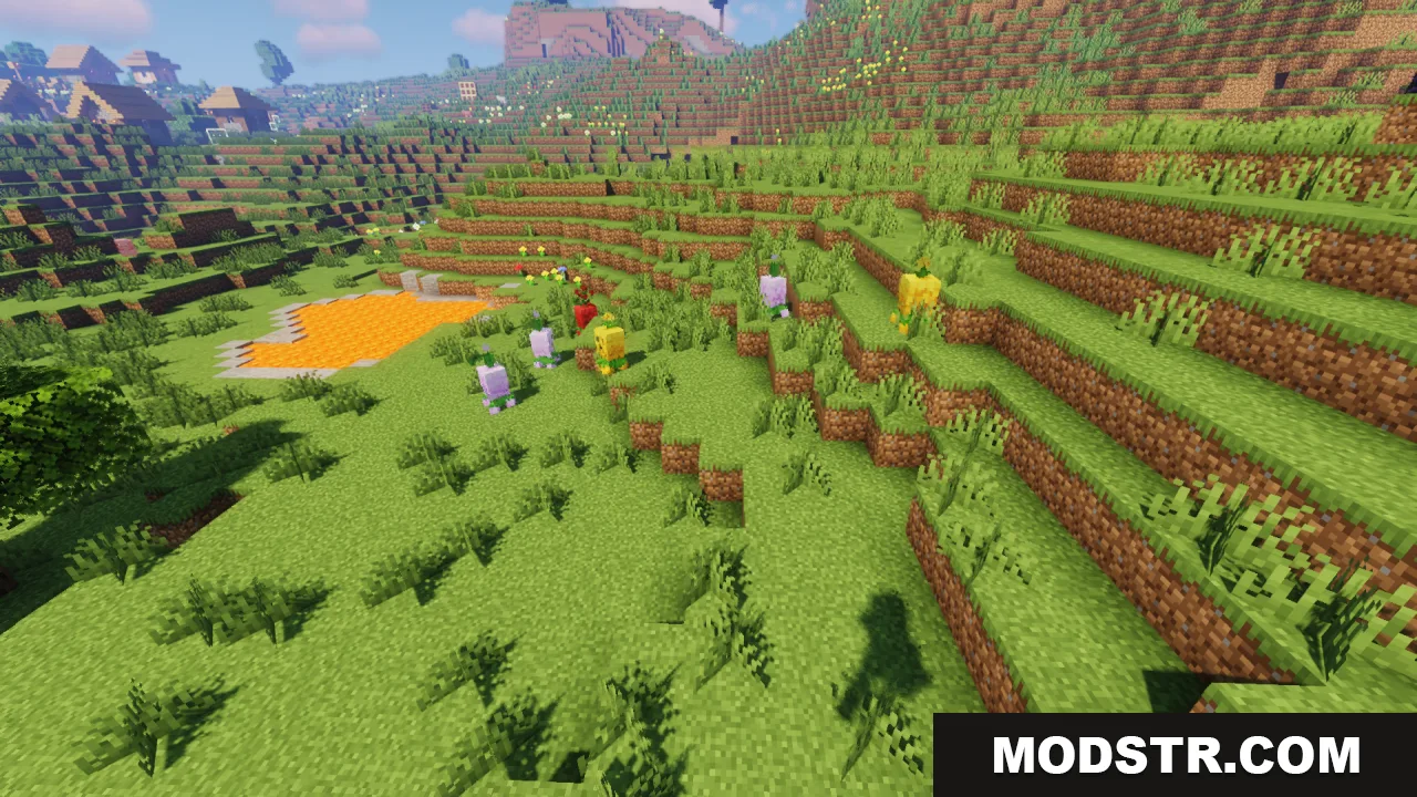 Several colorful flower creatures wandering near a lava pool in a grassy landscape