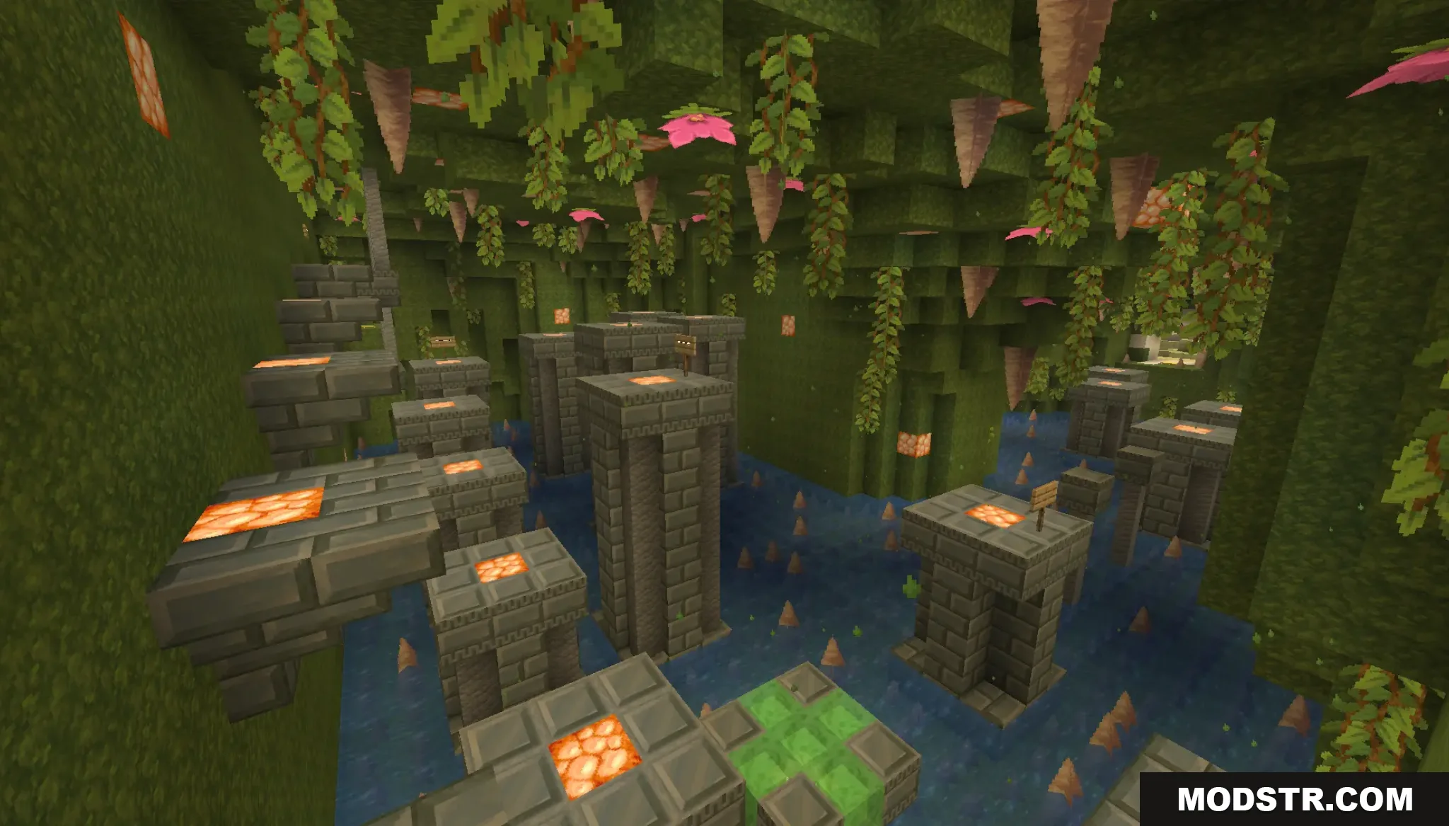 Flow Parkour Map Screenshot 7 Flow Parkour Map featuring a lush cave level with stone pillars