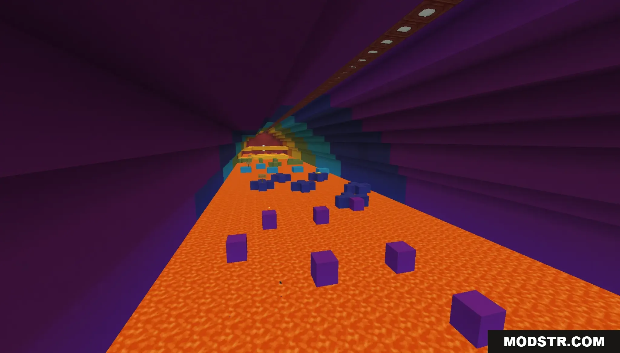Flow Parkour Map Screenshot 1 A parkour course with purple blocks floating over a large pool of lava