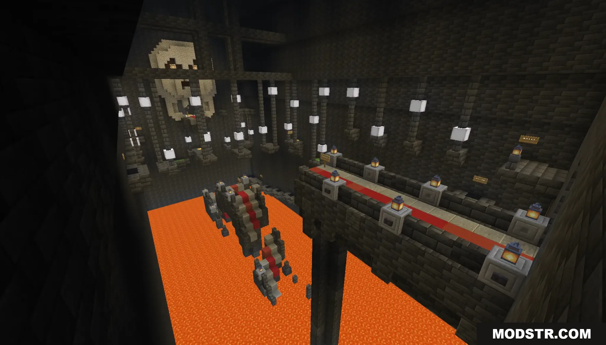 Flow Parkour Map Screenshot 6 A parkour course with stone bridges over lava in a dark skull room
