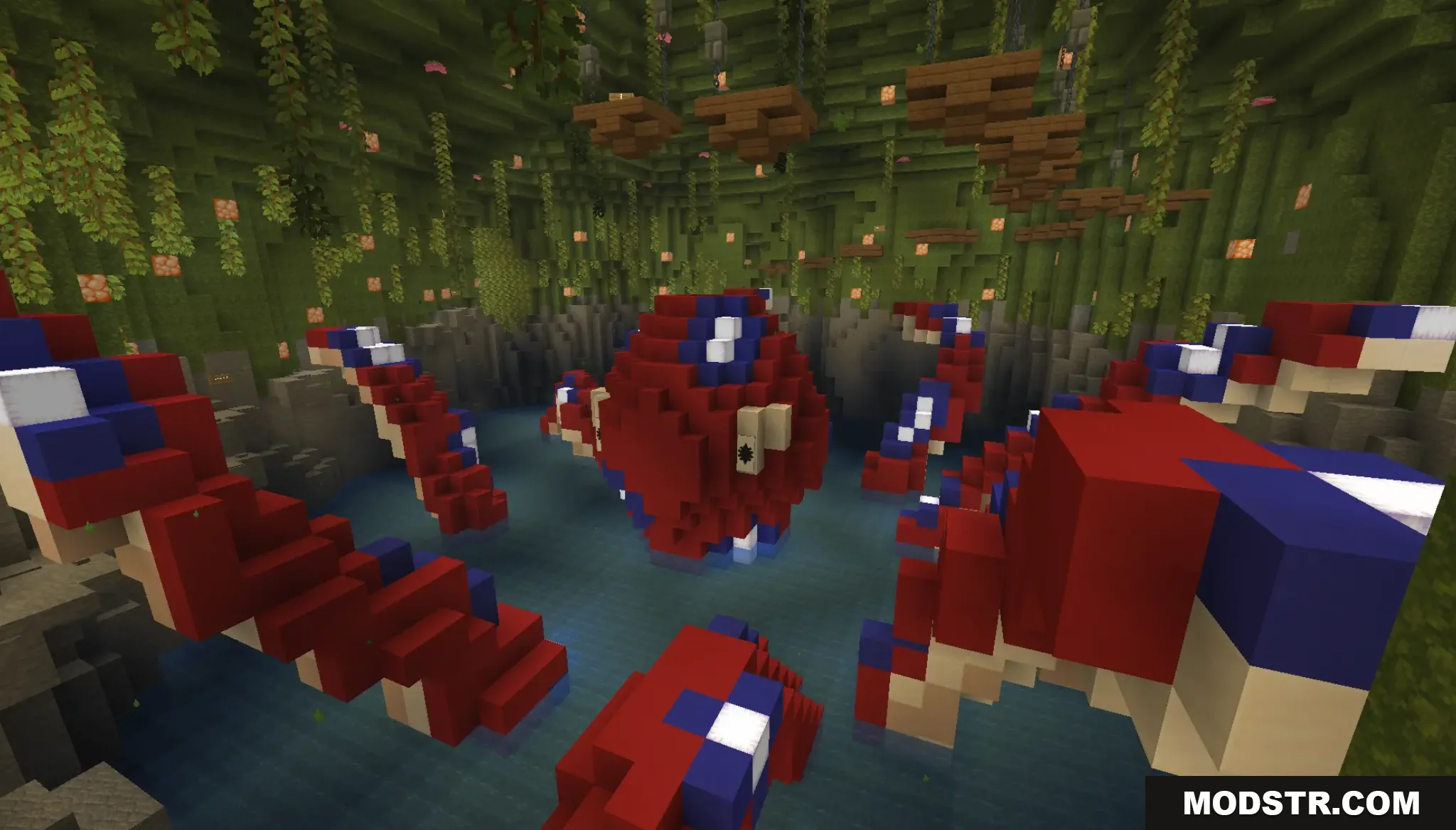 Flow Parkour Map Screenshot 5 A giant red heart shaped creature surrounded by tentacles in a lush cave