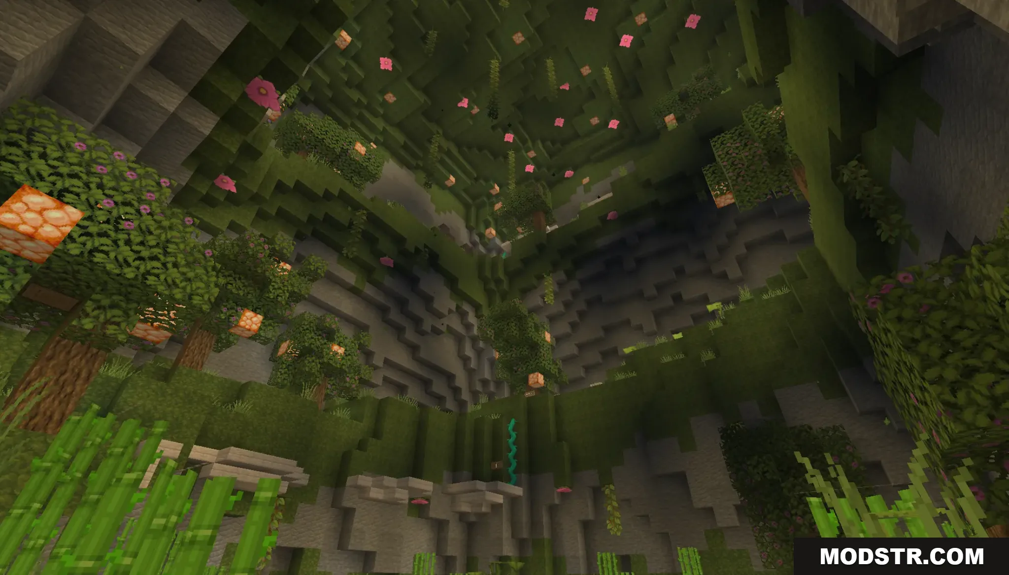 Flow Parkour Map Screenshot 2 A beautiful lush cave filled with green trees and hanging pink flowers