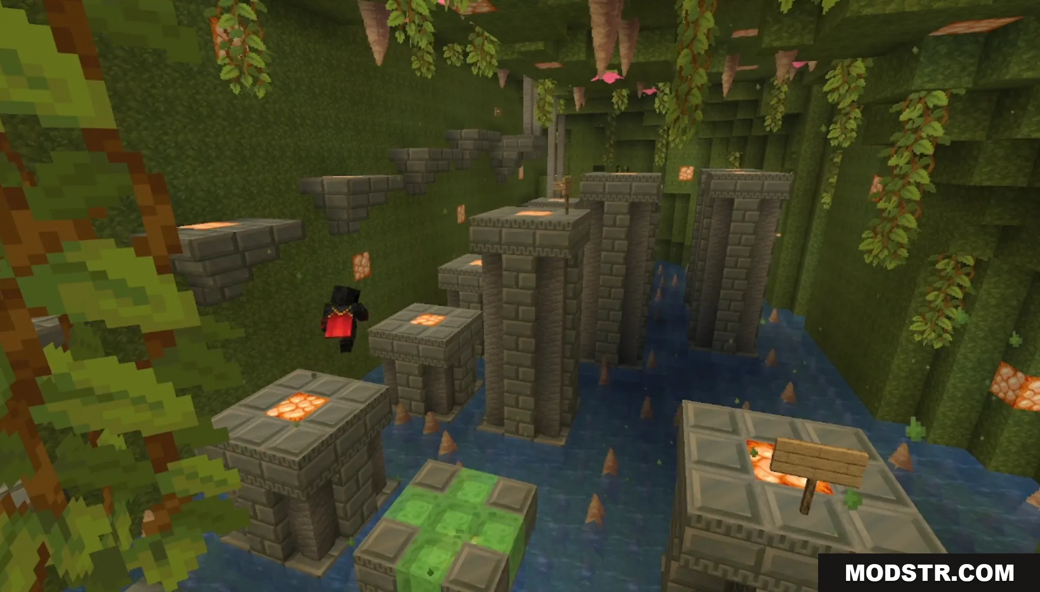 Flow Parkour Map Screenshot 10 A player jumps across stone pillars in a lush green parkour room