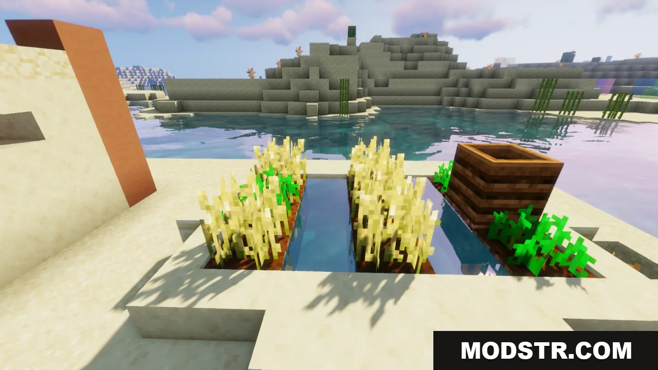 Flowering Crops Growth Marker Resource Pack Screenshot 1 Fully grown wheat and crops with small flowers next to a composter