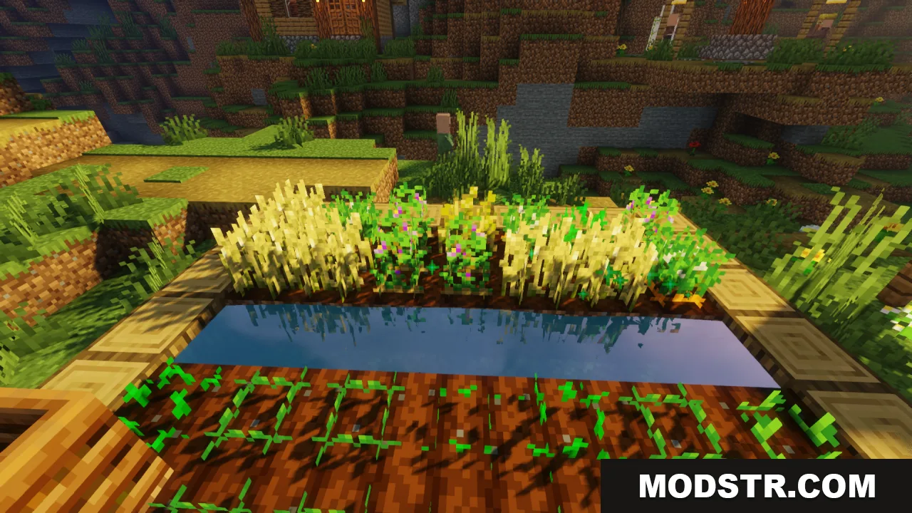 Flowering Crops Growth Marker Resource Pack Screenshot 9 Minecraft farm showing fully grown crops with flowers and young green sprouts