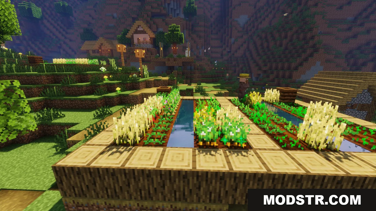 Flowering Crops Growth Marker Resource Pack Screenshot 12 Minecraft village farm showing mature crops with small flowers ready for harvest