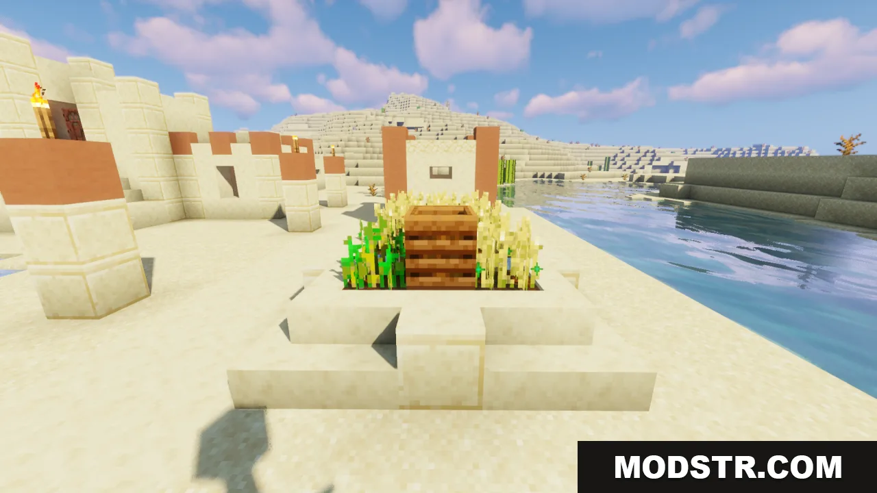 Flowering Crops Growth Marker Resource Pack Screenshot 4 A composter surrounded by fully grown wheat crops in a desert village