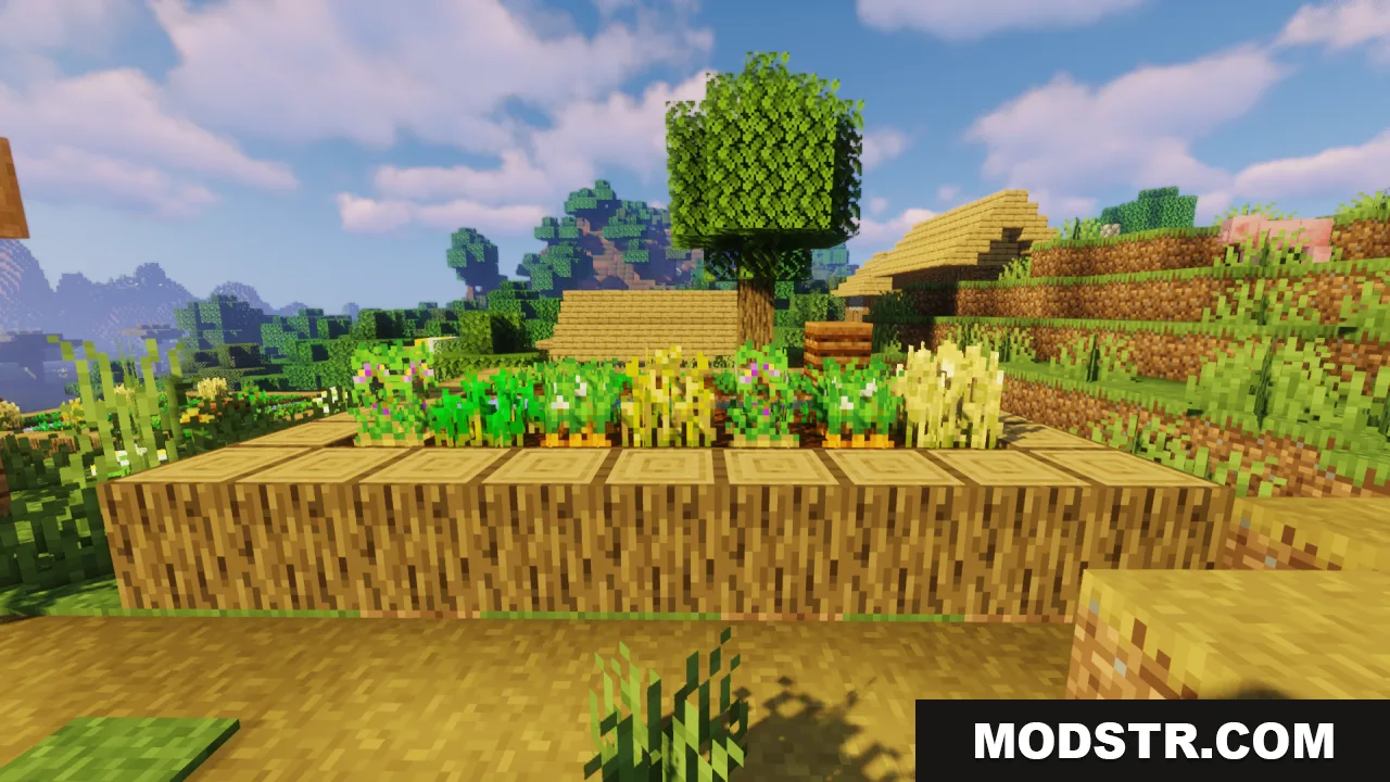 Flowering Crops Growth Marker Resource Pack Screenshot 8 Raised wooden farm bed displaying mature flowering crops near a village house