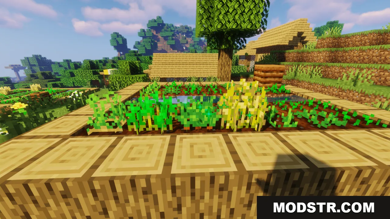 Flowering Crops Growth Marker Resource Pack Screenshot 5 Minecraft farm showing fully grown crops with tiny flowers indicating harvest readiness