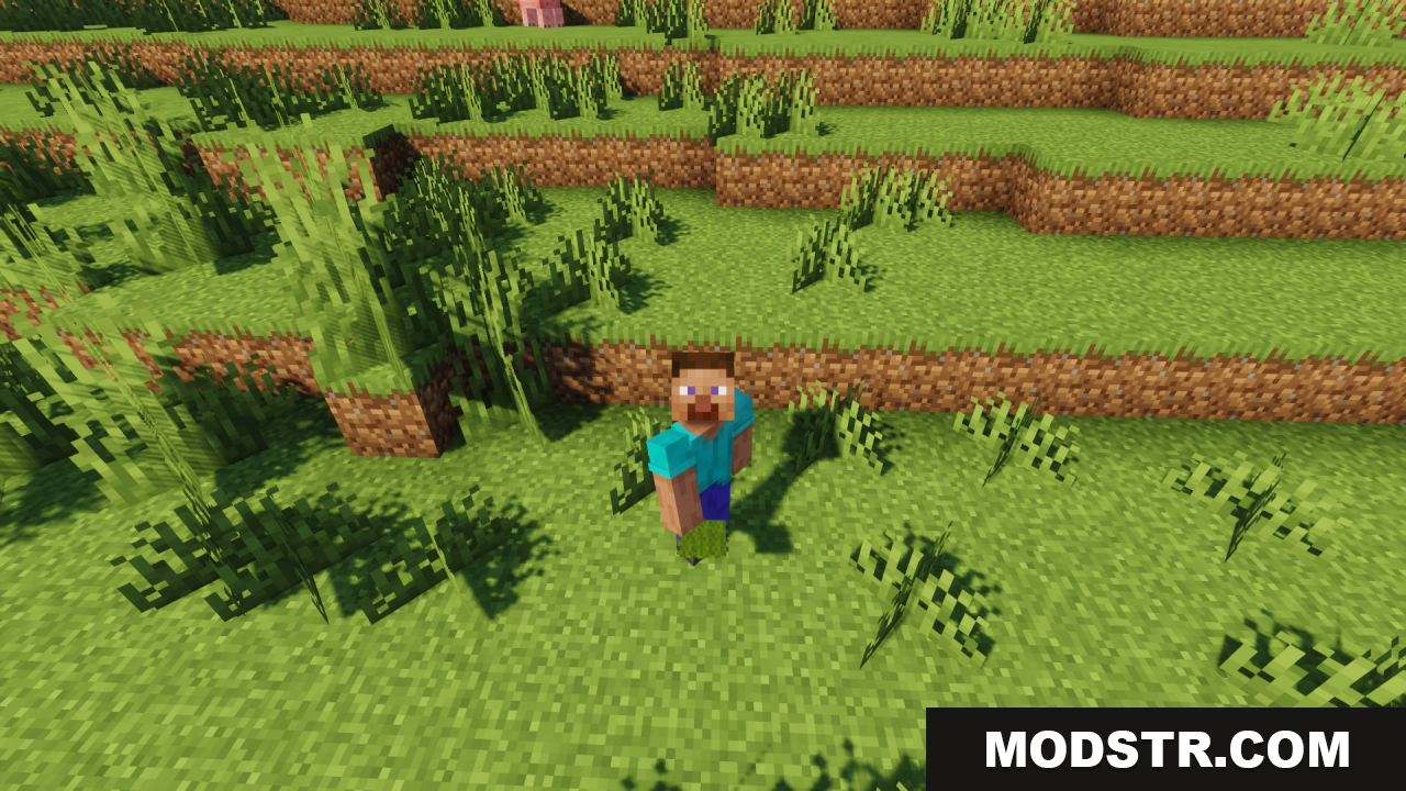 Fluffy Carpets Texture Pack Screenshot 10 A player character stands in a hilly, grassy biome