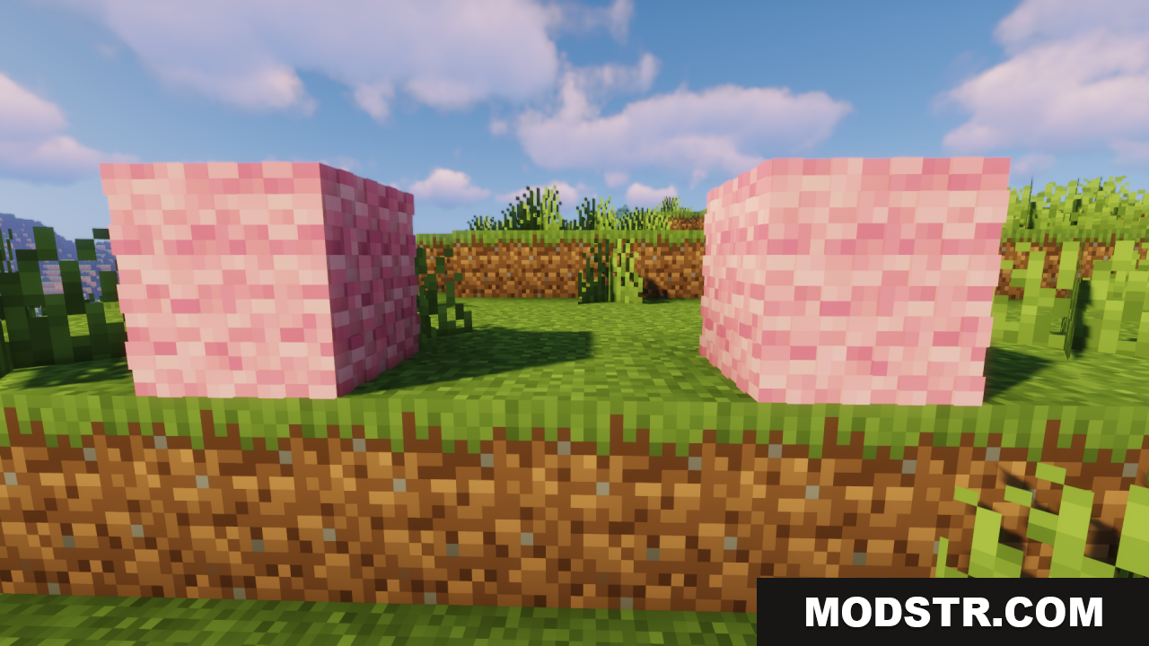 Fluffy Carpets Texture Pack Screenshot 2 Two large pink fluffy wool blocks on a grassy hill